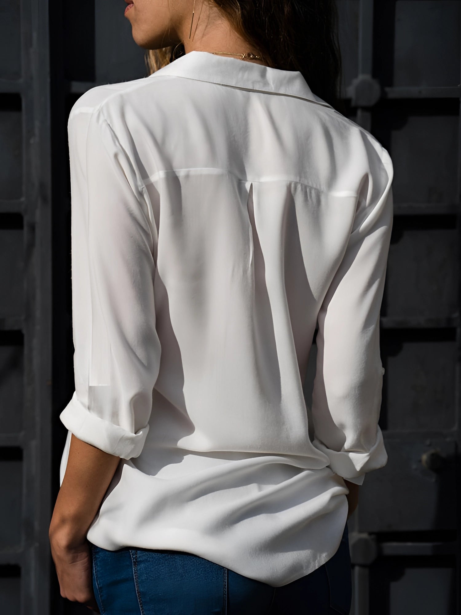 Women's V-Neck Button-Front Blouse - Long Sleeve - White, back view