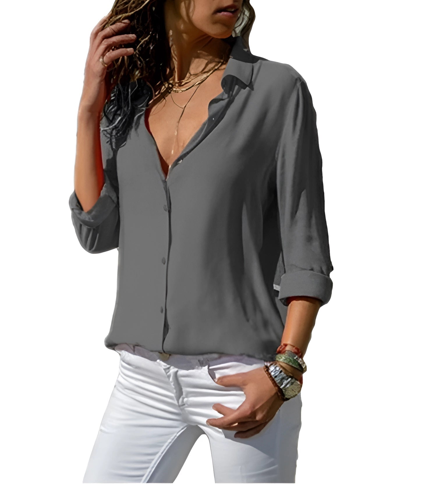 Women's V-Neck Button-Front Blouse - Long Sleeve - Grey