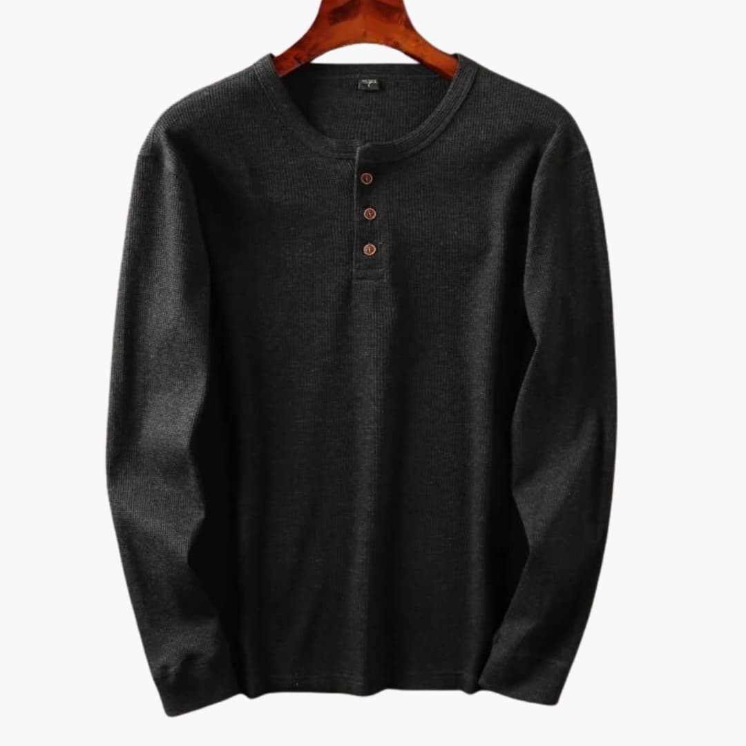 Men's Ribbed Knit Henley Top - Three-Button Placket - Dark Grey