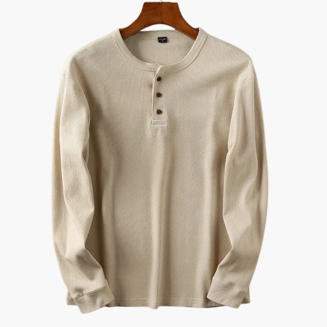 Men's Ribbed Knit Henley Top - Three-Button Placket - Khaki