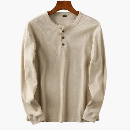 Men's Ribbed Knit Henley Top - Three-Button Placket - Khaki