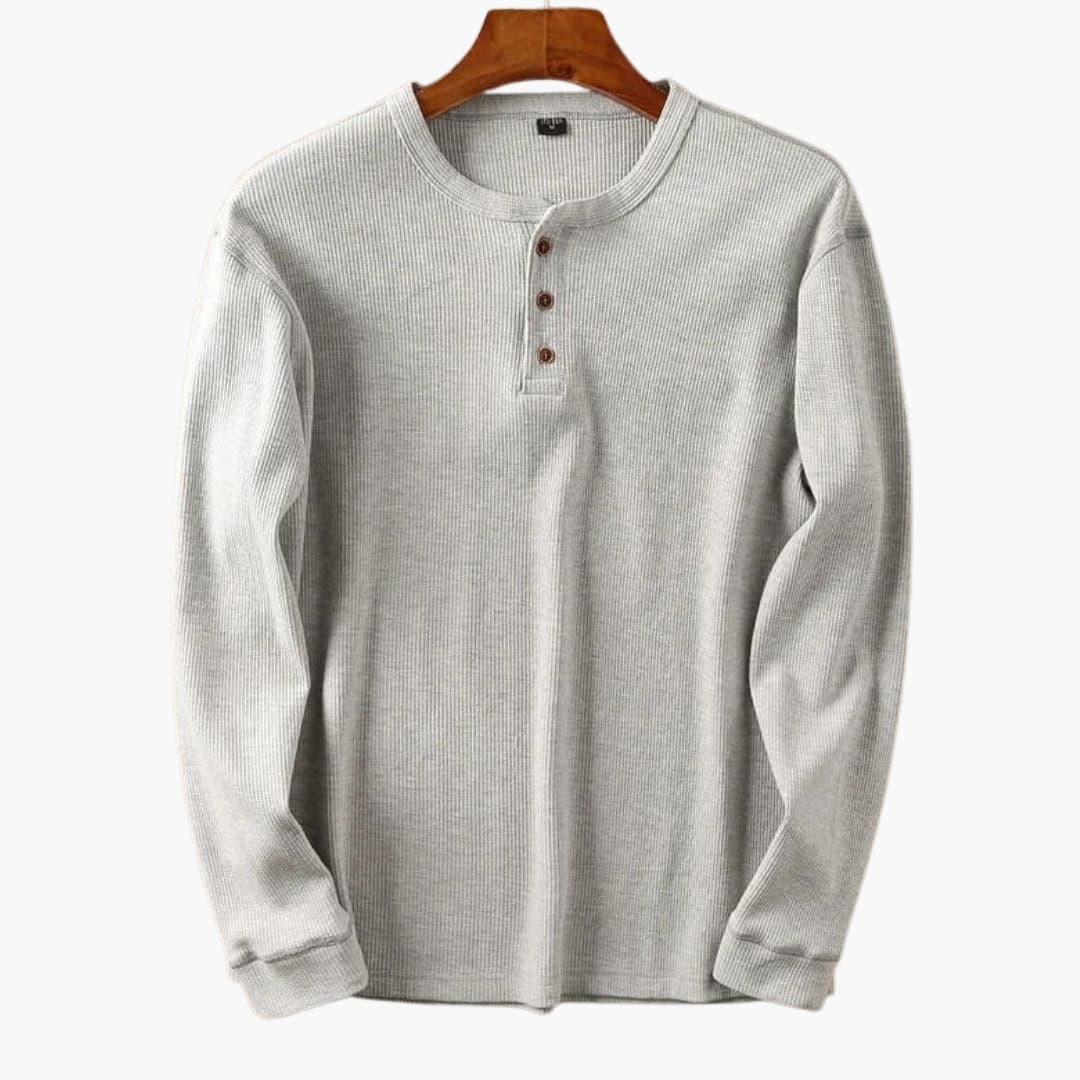 Men's Ribbed Knit Henley Top - Three-Button Placket - Light Grey