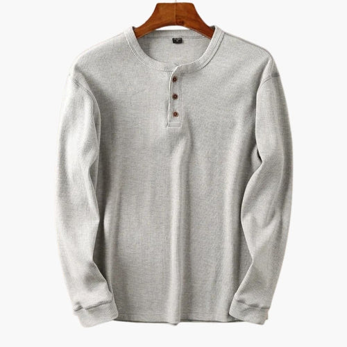Men's Ribbed Knit Henley Top - Three-Button Placket - Light Grey