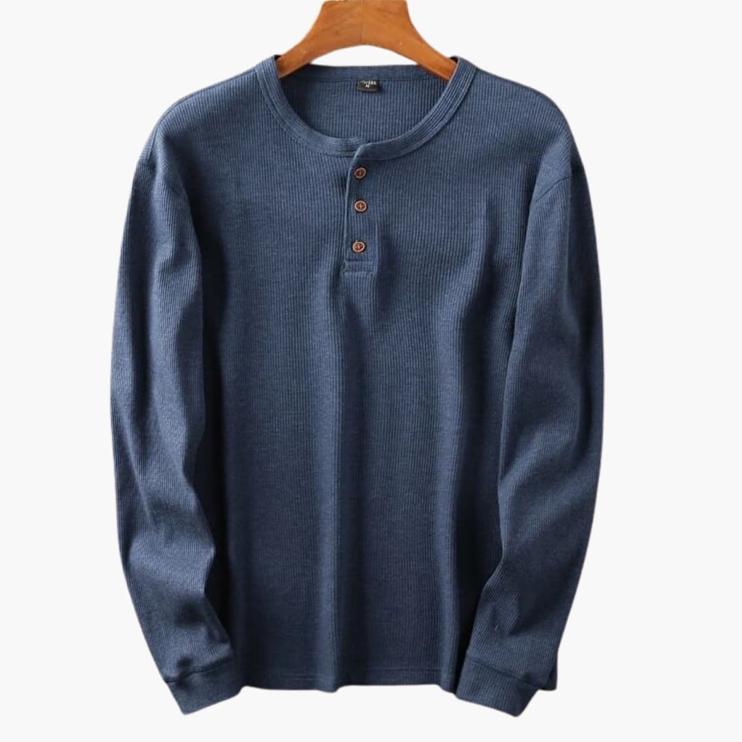 Men's Ribbed Knit Henley Top - Three-Button Placket - Blue