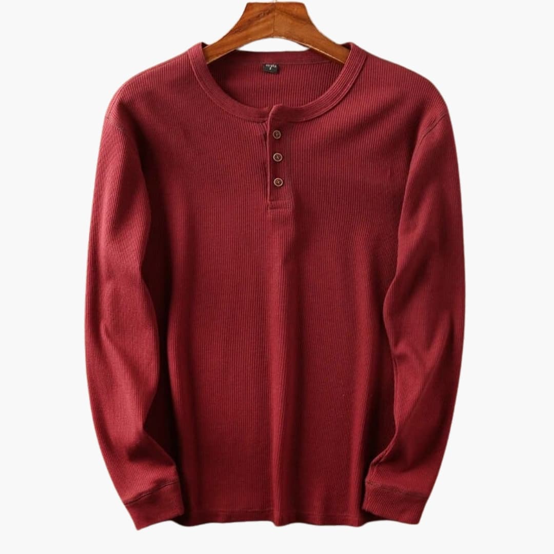 Men's Ribbed Knit Henley Top - Three-Button Placket - Red