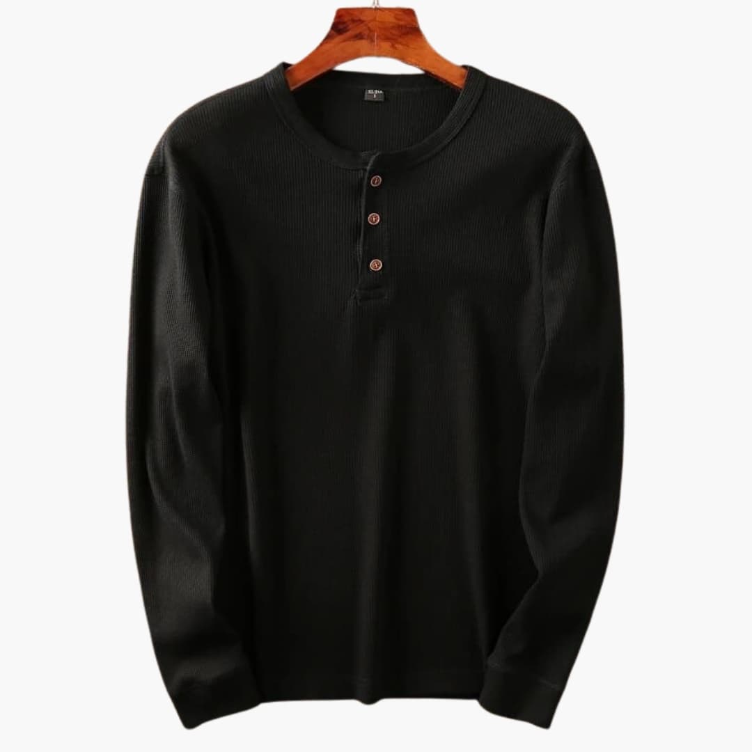 Men's Ribbed Knit Henley Top - Three-Button Placket - Black