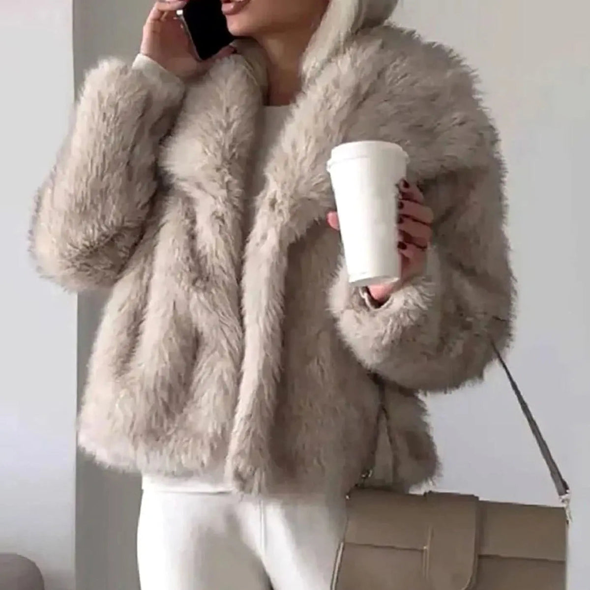 Women's Cropped Faux Fur Jacket - Light Brown, front view