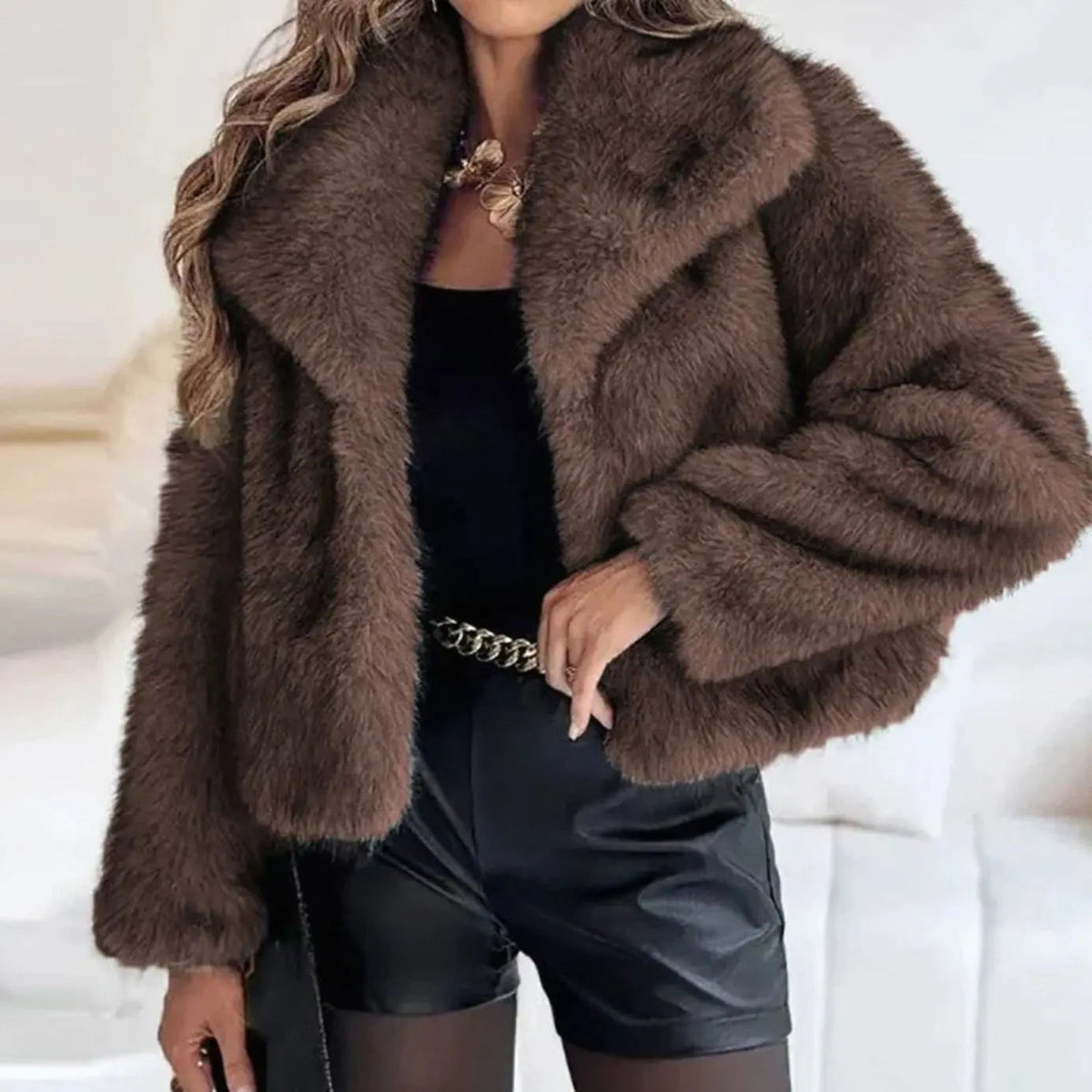 Women's Cropped Faux Fur Jacket - Brown, front view