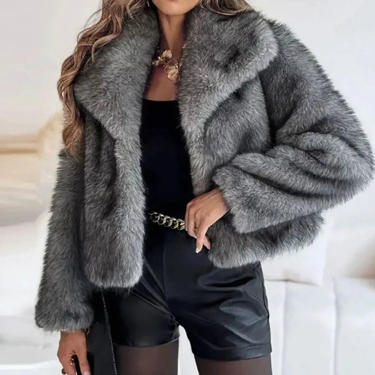 Women's Cropped Faux Fur Jacket - Dark Grey, front view