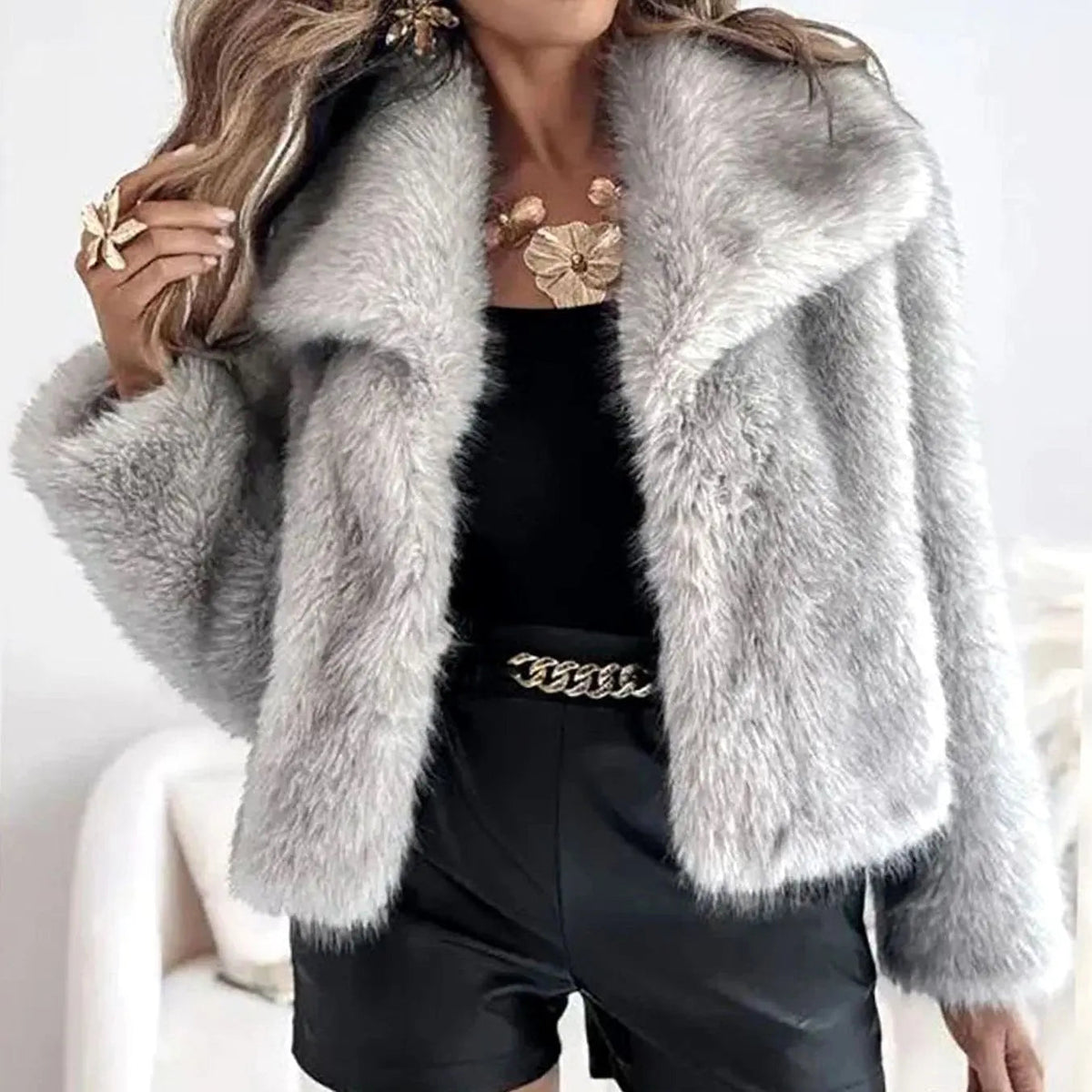 Women's Cropped Faux Fur Jacket - Grey, front view