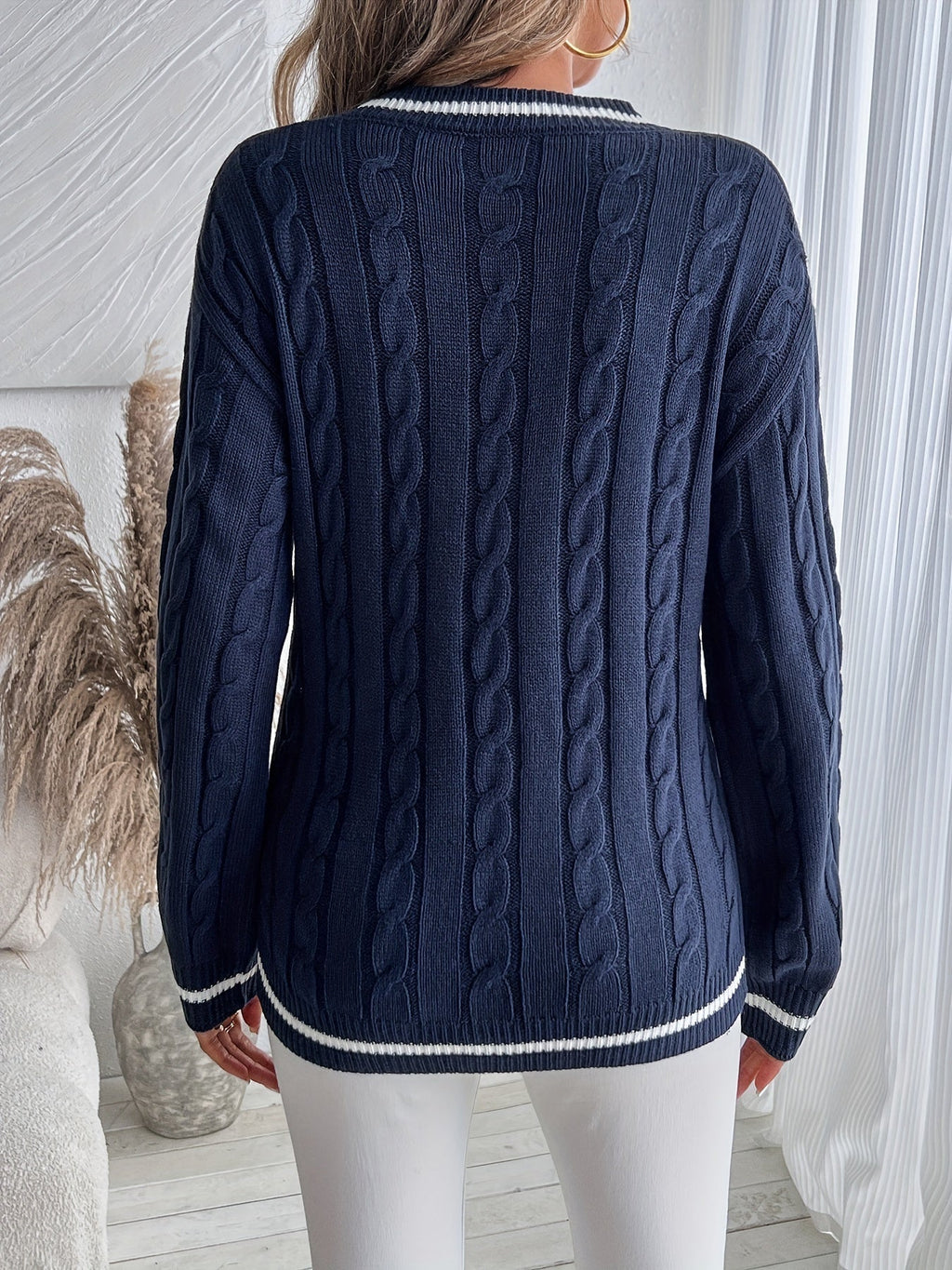 Women's Cable Knit V-Neck Jumper - Navy Blue, detail view