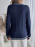 Women's Cable Knit V-Neck Jumper - Navy Blue, detail view