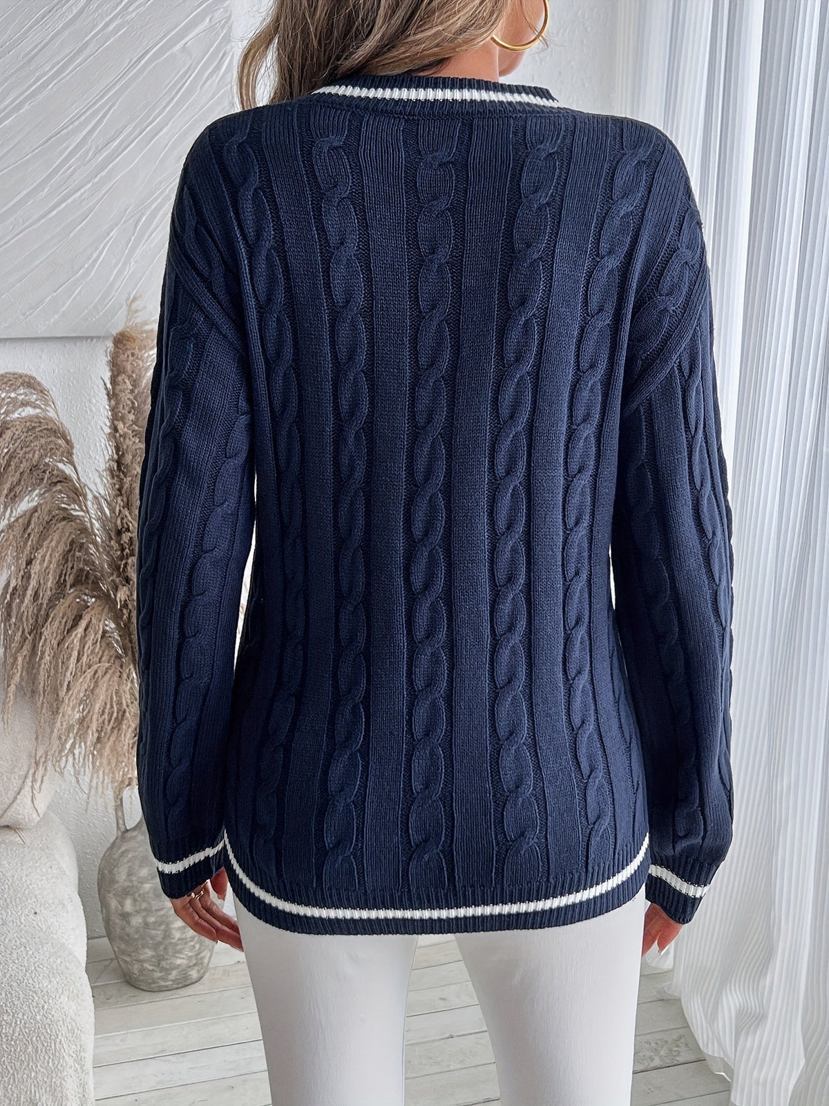 Women's Cable Knit V-Neck Jumper - Navy Blue, detail view