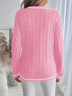 Women's Cable Knit V-Neck Jumper - Pink, detail view
