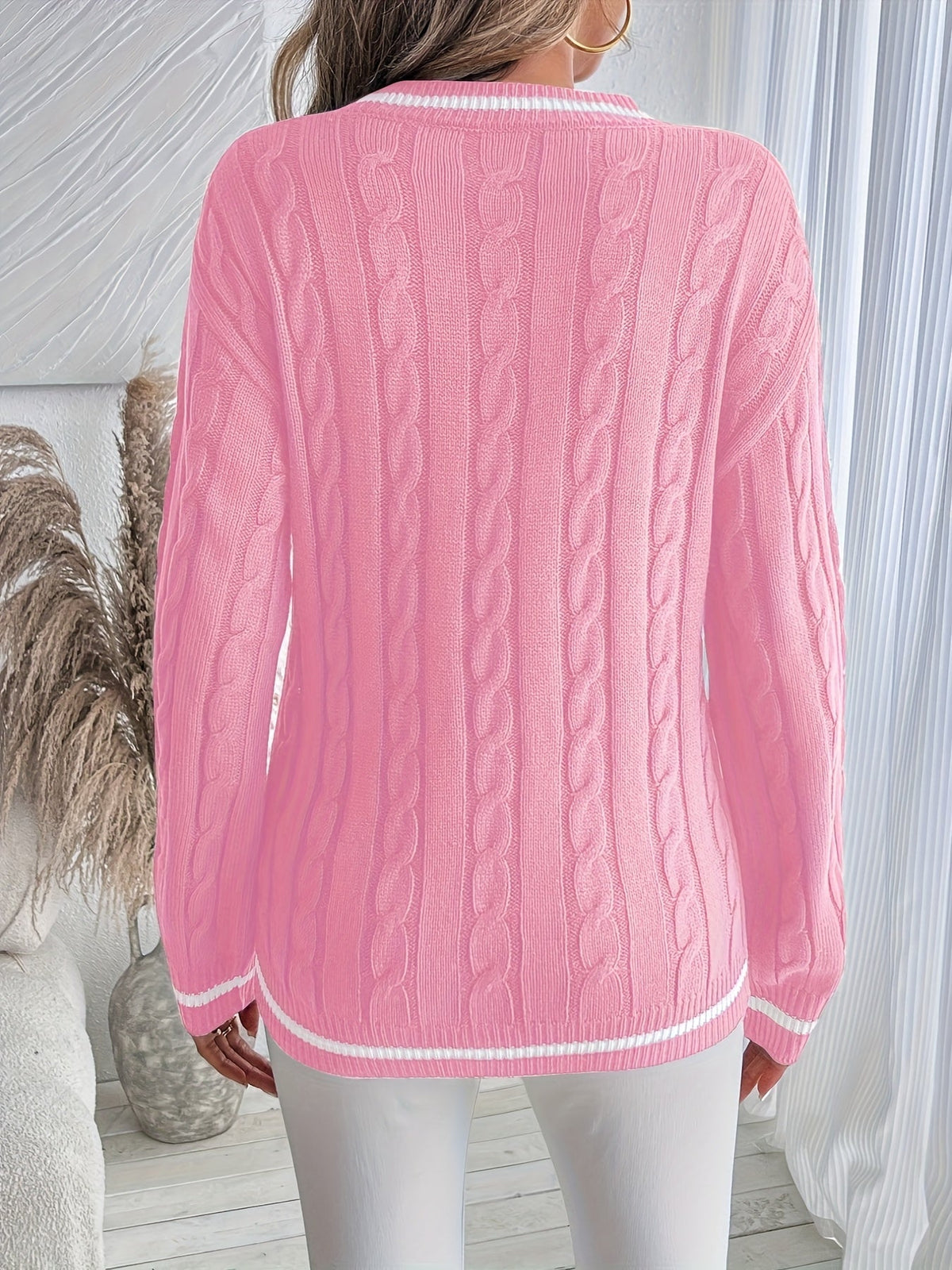 Women's Cable Knit V-Neck Jumper - Pink, detail view
