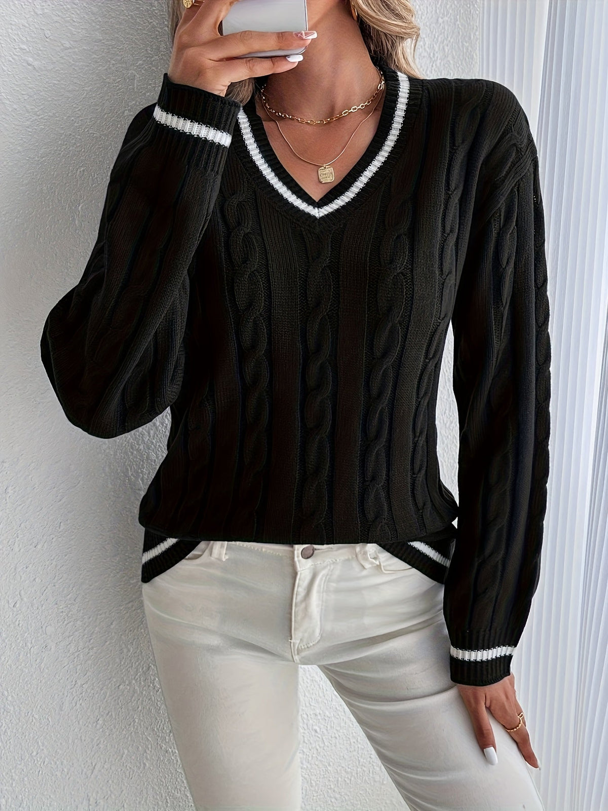 Women's Cable Knit V-Neck Jumper - Black, front view