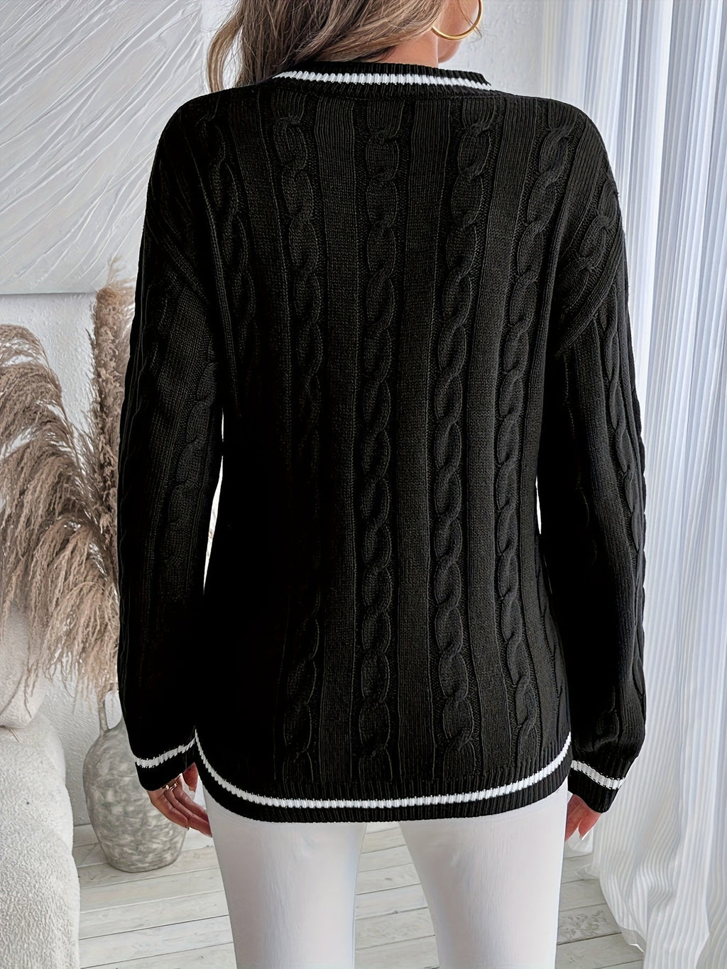 Women's Cable Knit V-Neck Jumper - Black, detail view