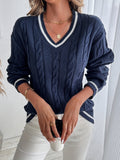 Women's Cable Knit V-Neck Jumper - Navy Blue, front view