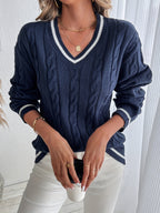 Women's Cable Knit V-Neck Jumper - Navy Blue, front view