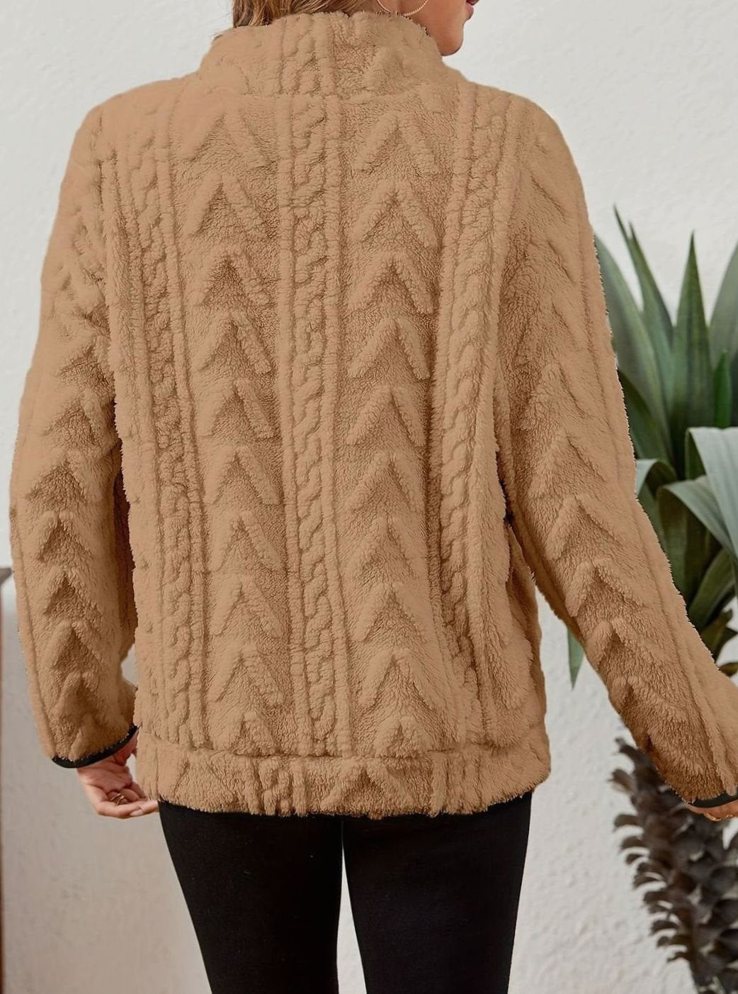 Women's Textured Fleece Pullover - Khaki, detail view
