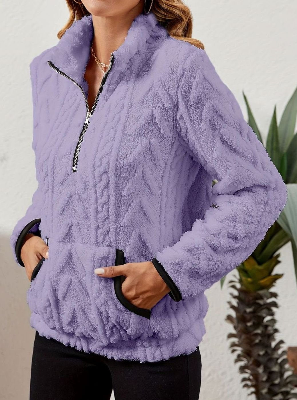 Women's Textured Fleece Pullover - Purple, front view