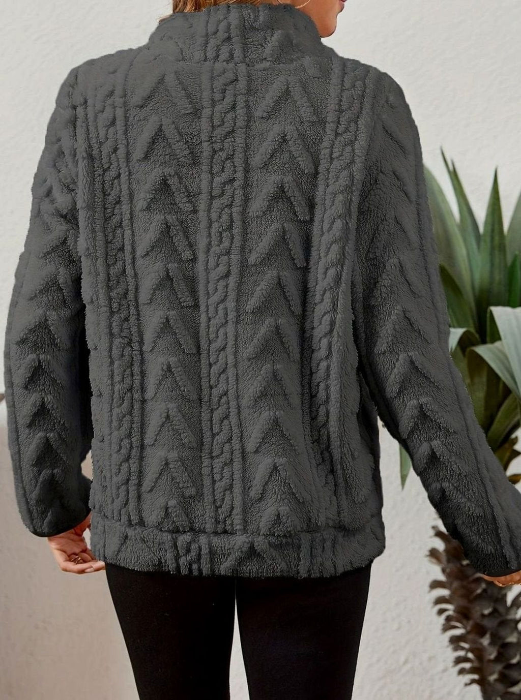 Women's Textured Fleece Pullover - Dark Grey, detail view