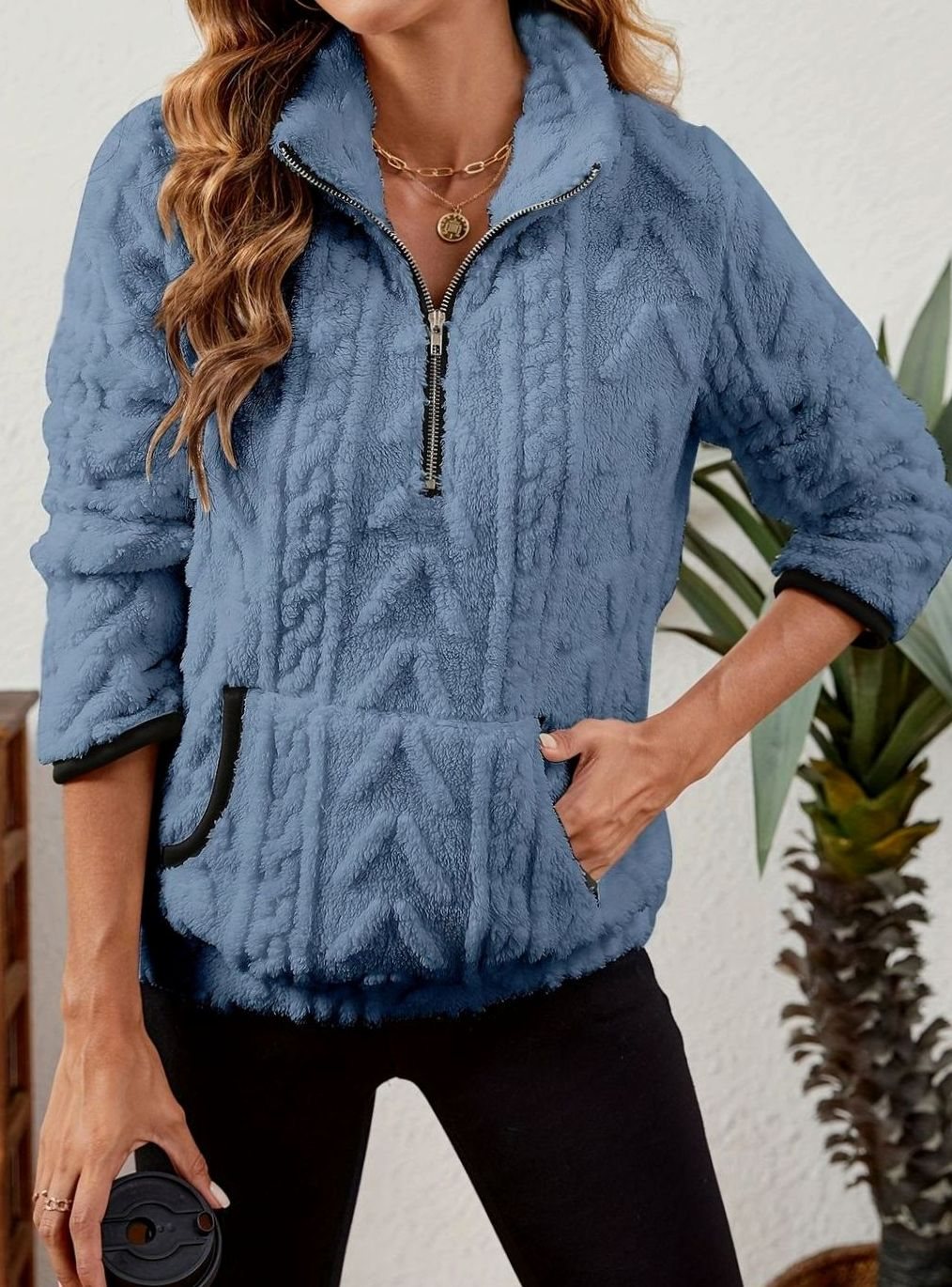 Women's Textured Fleece Pullover - Blue, front view