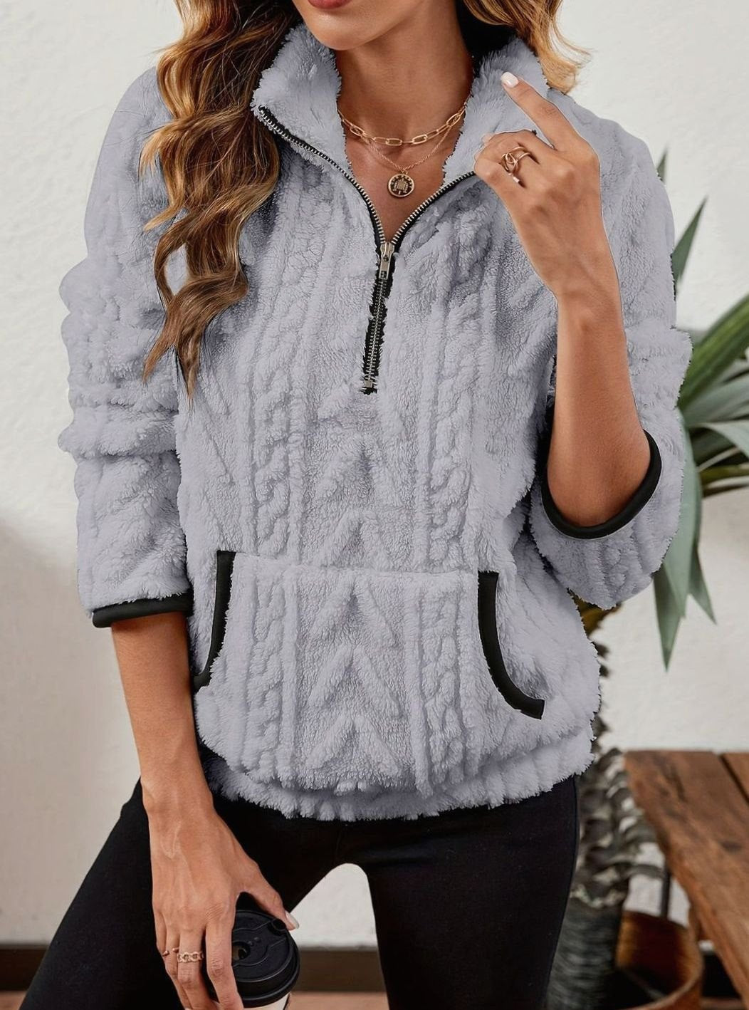 Women's Textured Fleece Pullover - Grey, front view