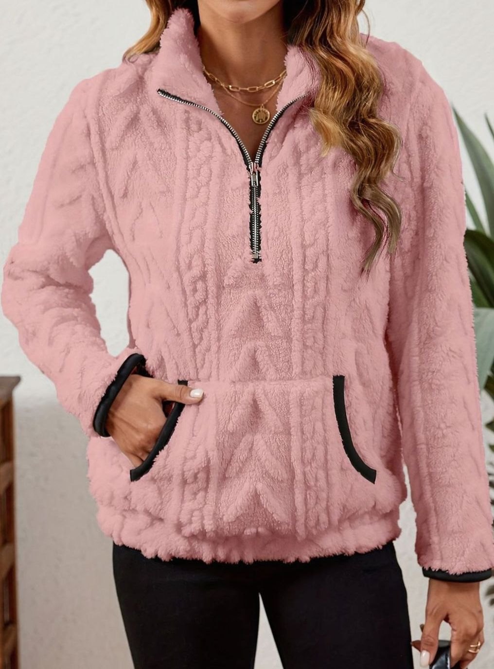 Women's Textured Fleece Pullover - Pink, front view