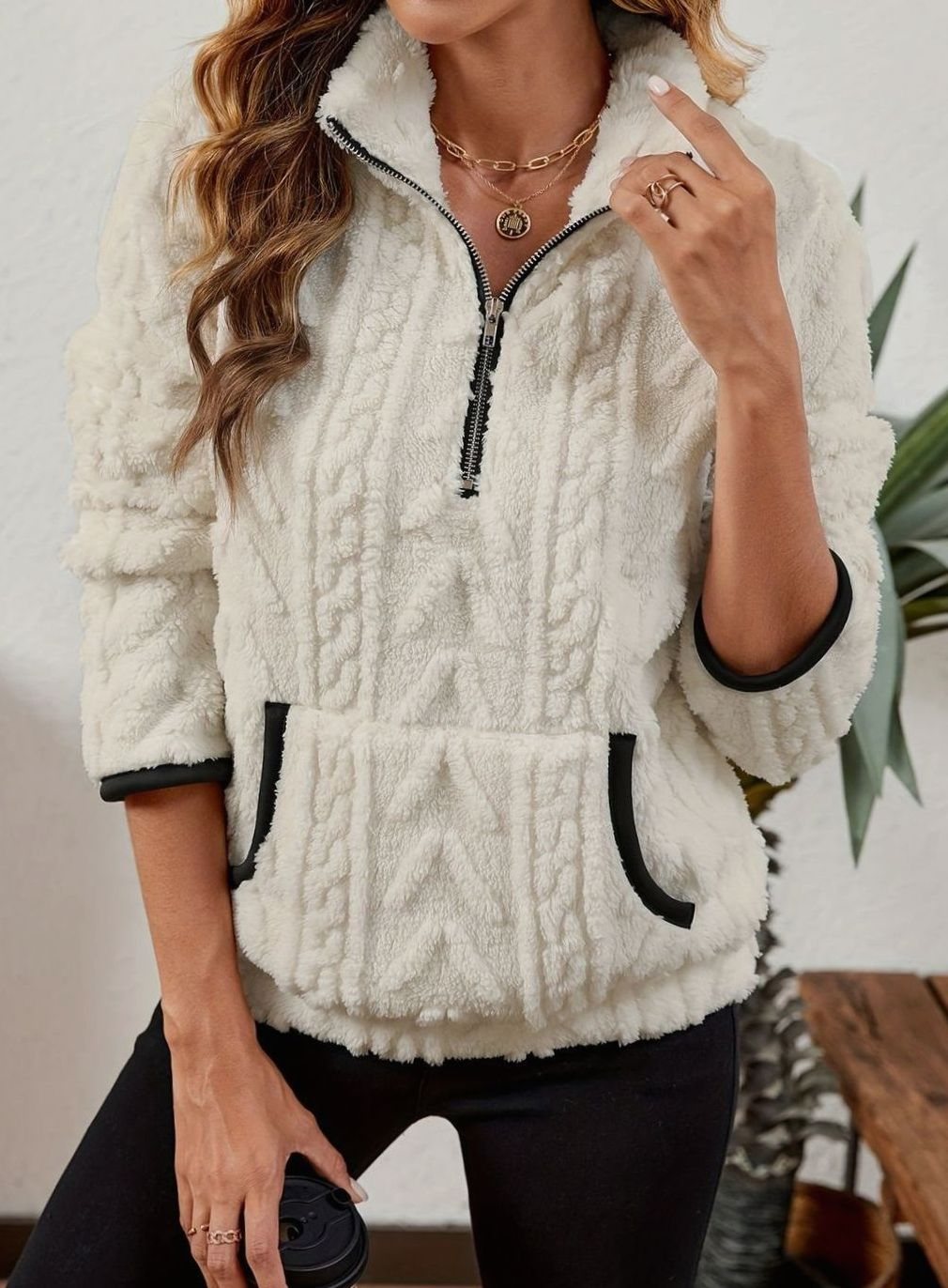 Women's Textured Fleece Pullover - White, front view
