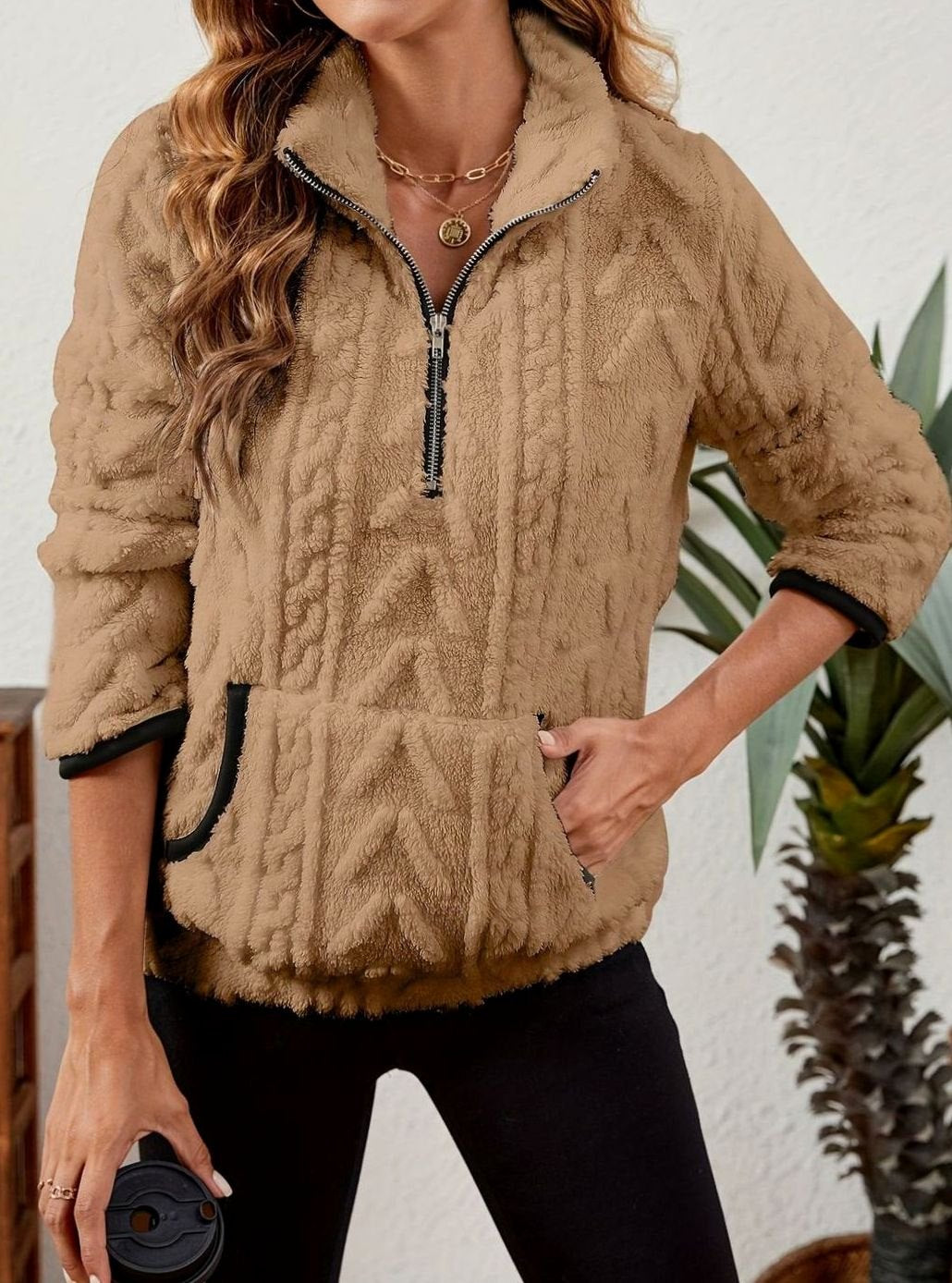 Women's Textured Fleece Pullover - Khaki, front view