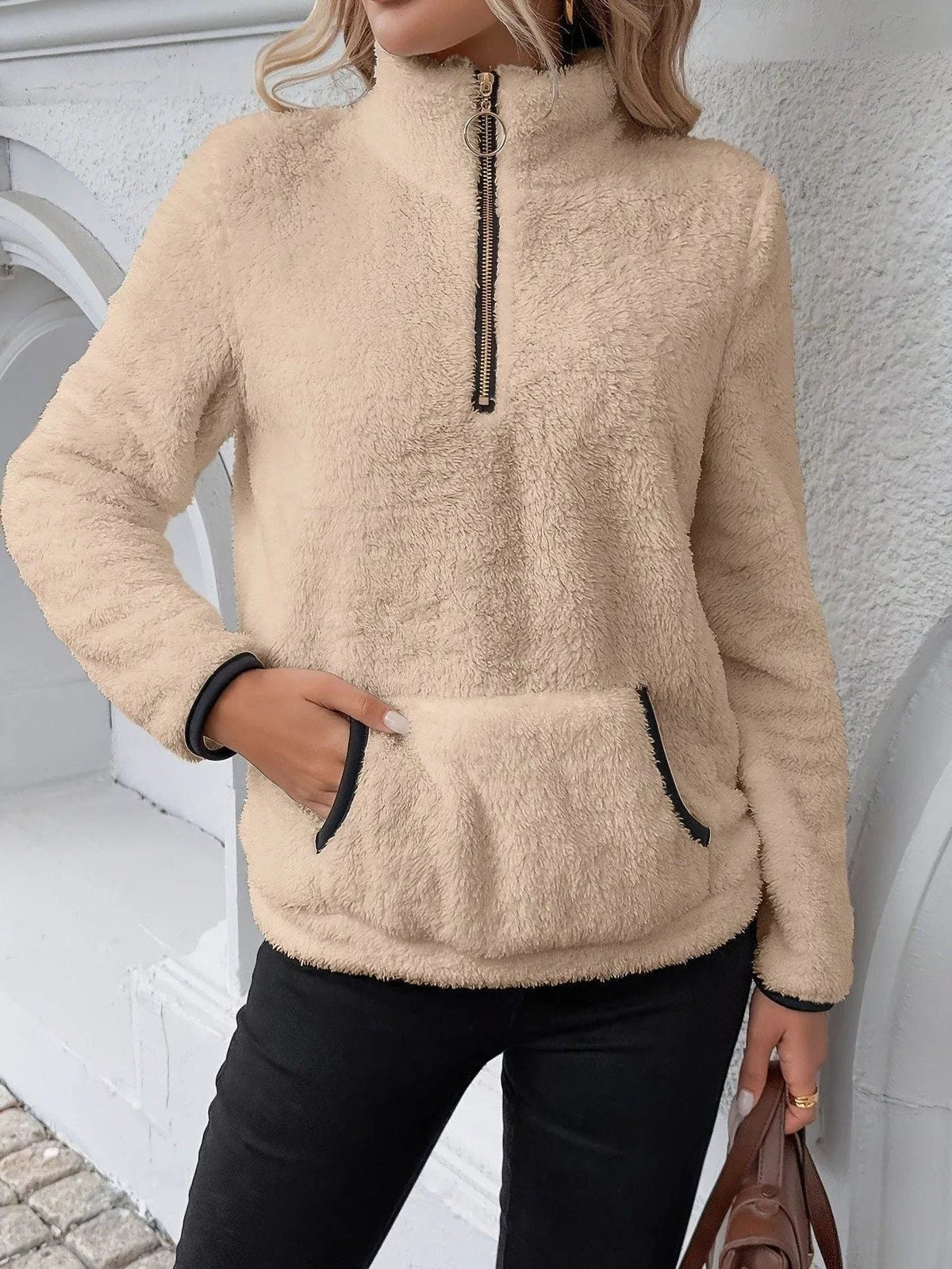 Women's Half-Zip Fleece Jumper - Khaki, front view