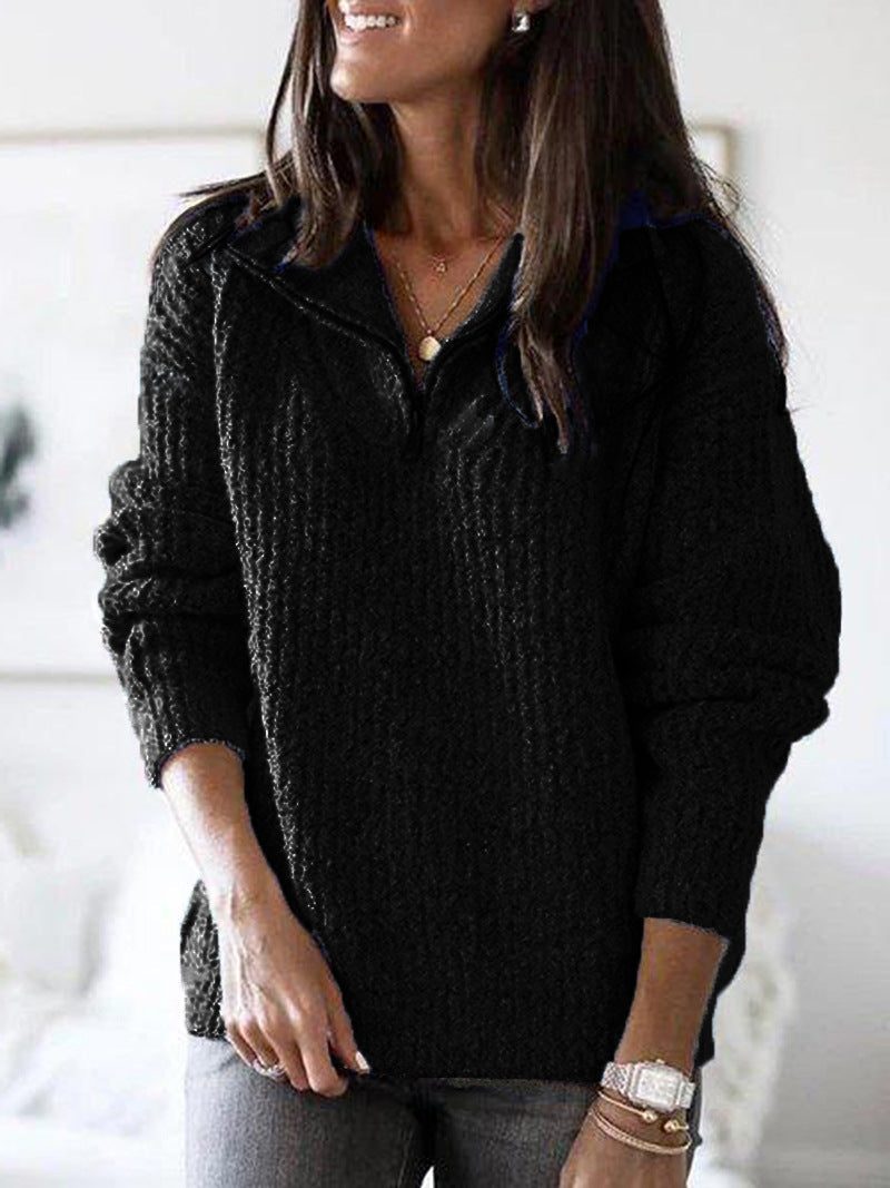 Women's Half-Zip Knit Jumper - Black, front view
