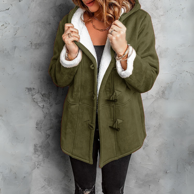 Women's Hooded Sherpa-Lined Jacket - Olive Green, front view