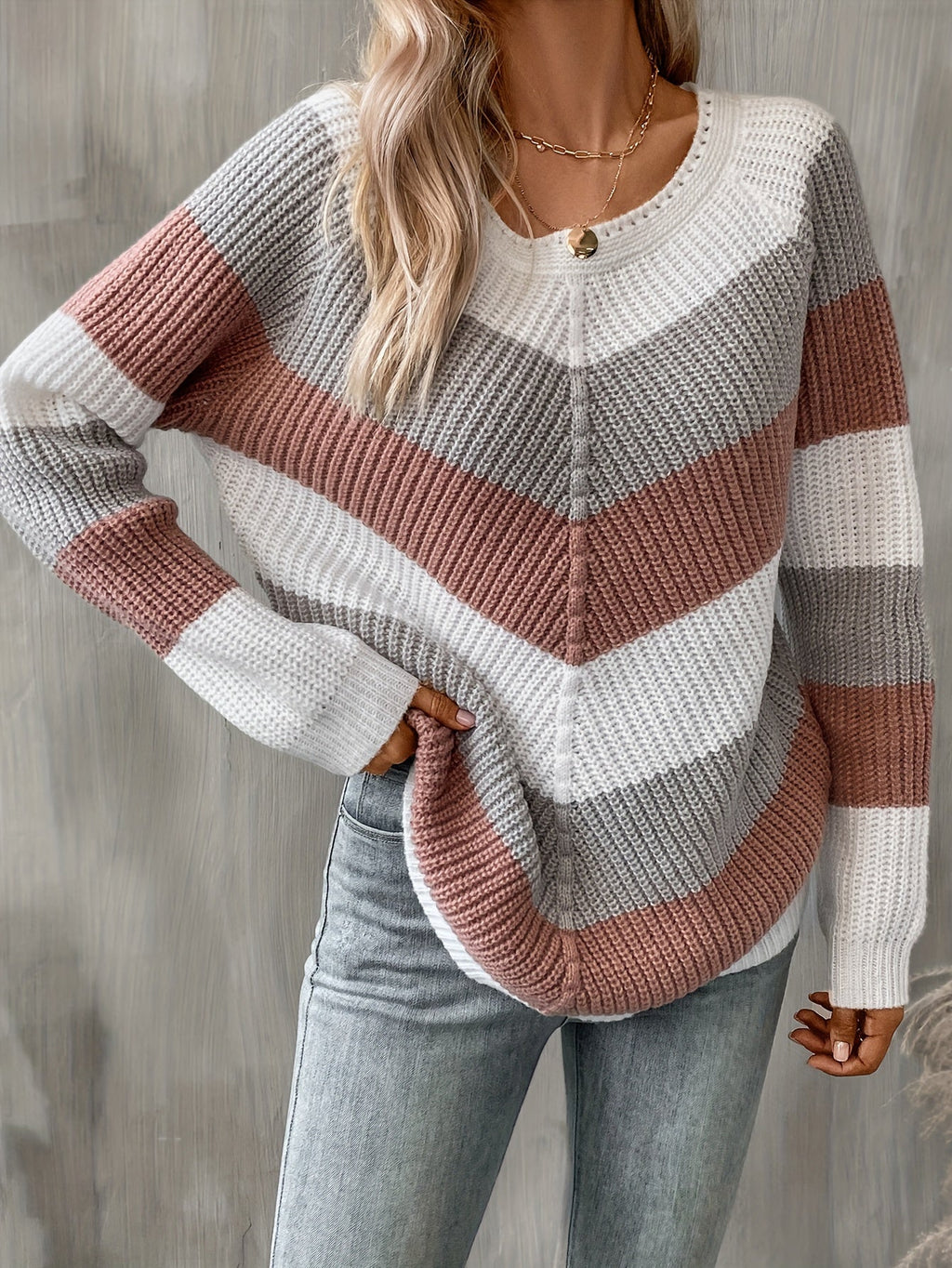 Women's Chevron Colour Block Jumper - Pink/Grey/White, detail view