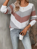 Women's Chevron Colour Block Jumper - Pink/Grey/White, front view