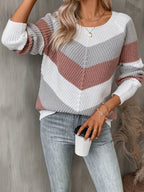 Women's Chevron Colour Block Jumper - Pink/Grey/White, front view