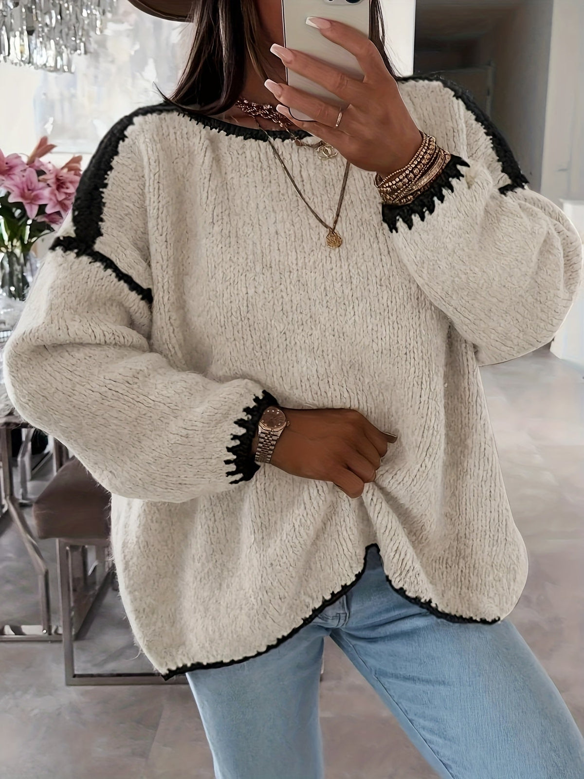 Women's Chunky Boat Neck Jumper - Apricot, front view