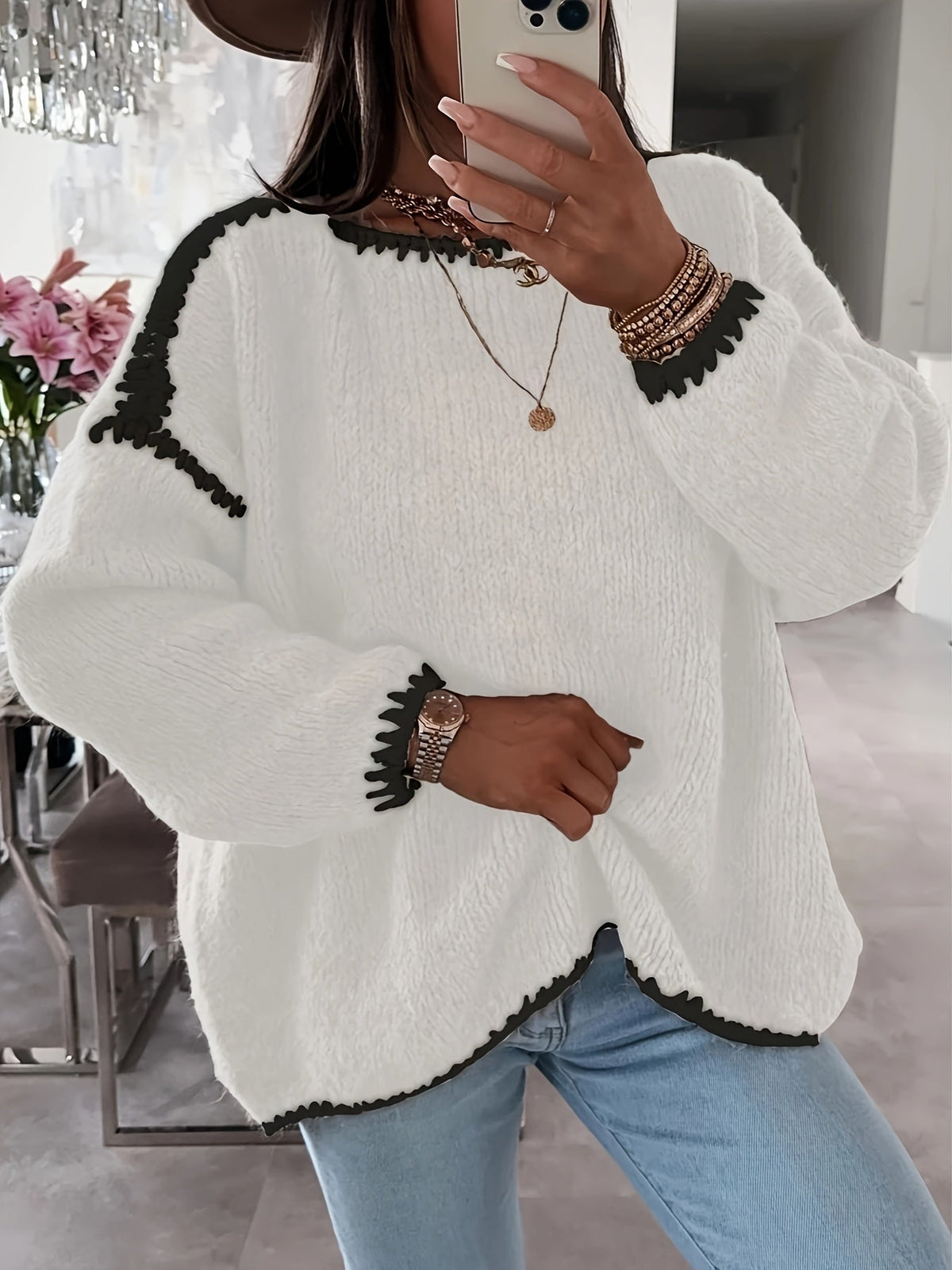 Women's Chunky Boat Neck Jumper - White, front view