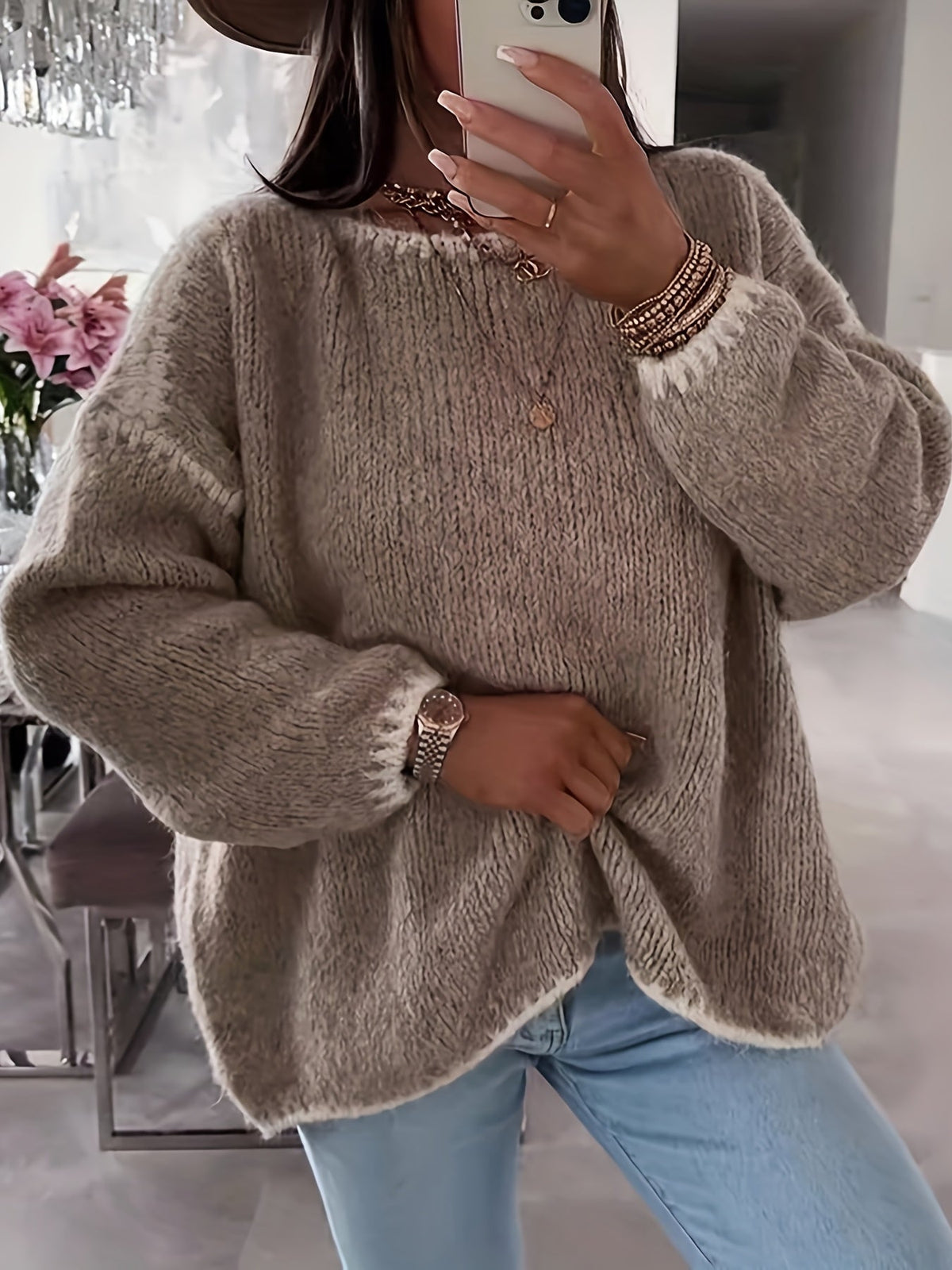 Women's Chunky Boat Neck Jumper - Khaki, front view