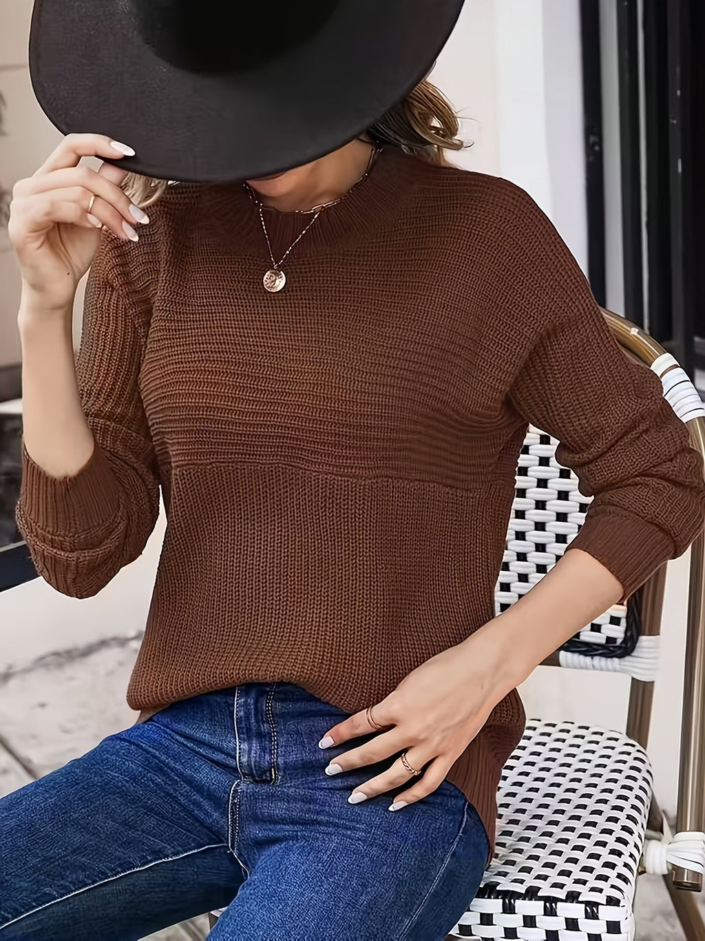 Women's Ribbed Texture Jumper - Dark Brown, detail view