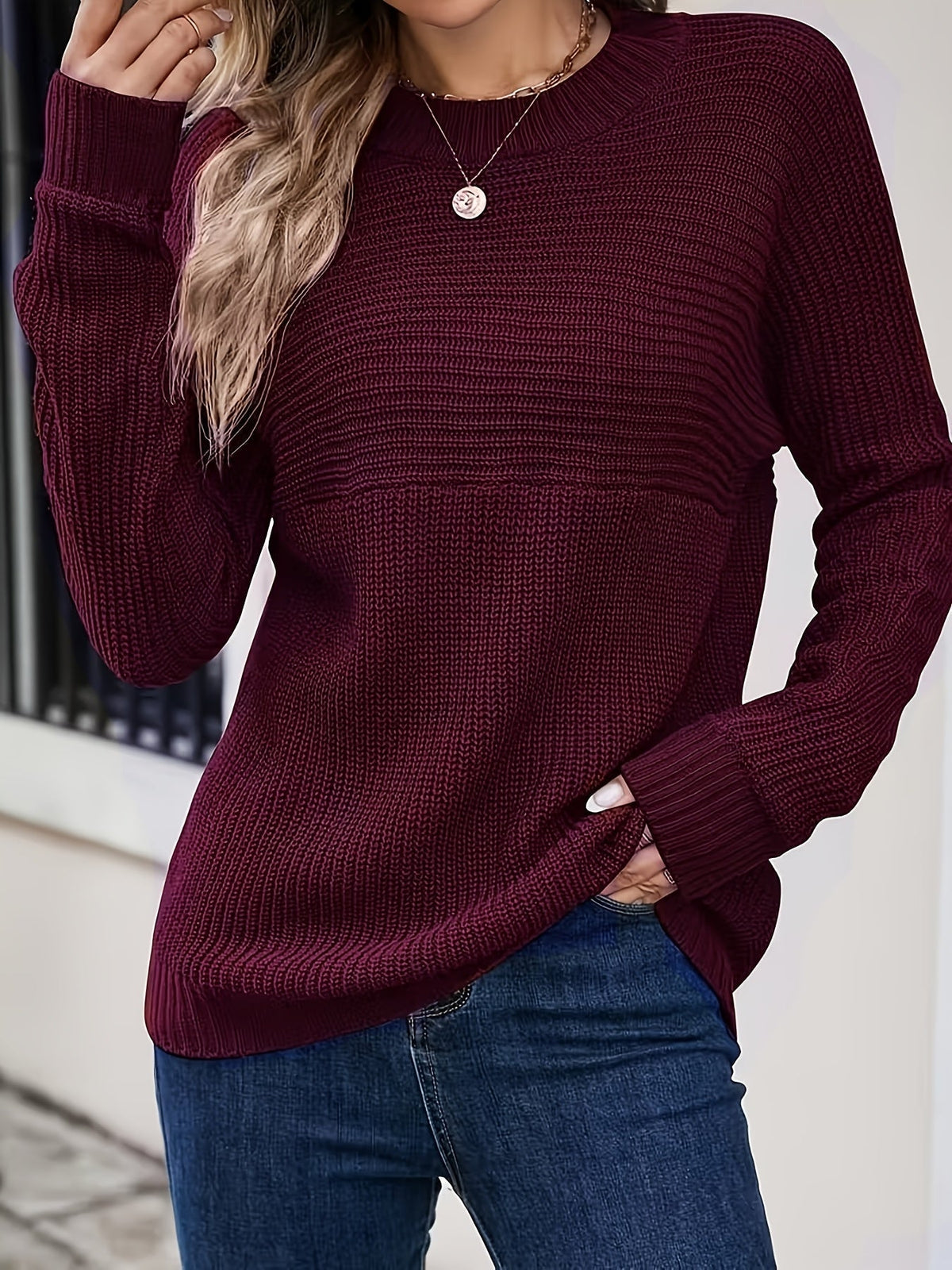 Women's Ribbed Texture Jumper - Deep Red, front view