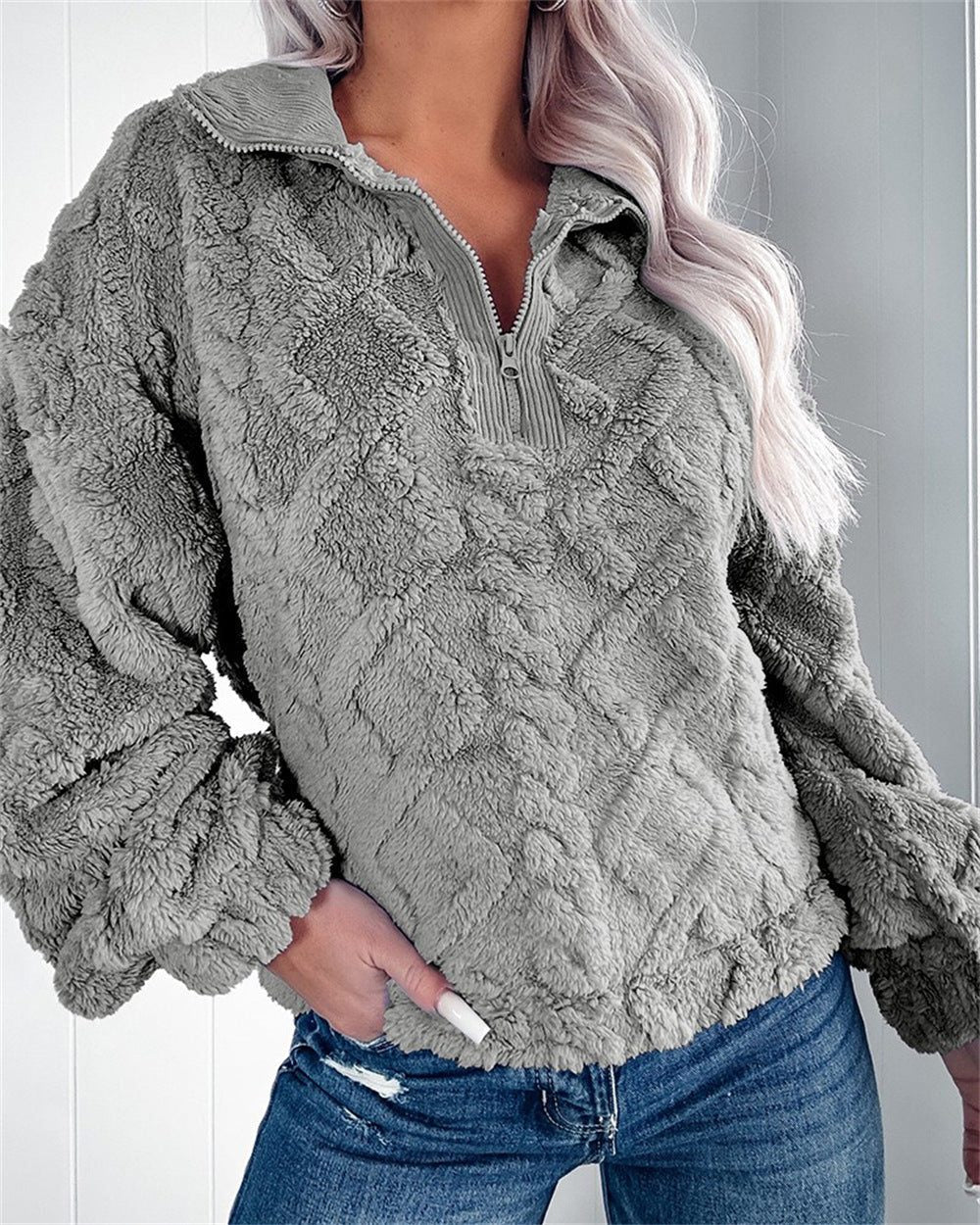 Women's Oversized Fleece Pullover - Grey, front view