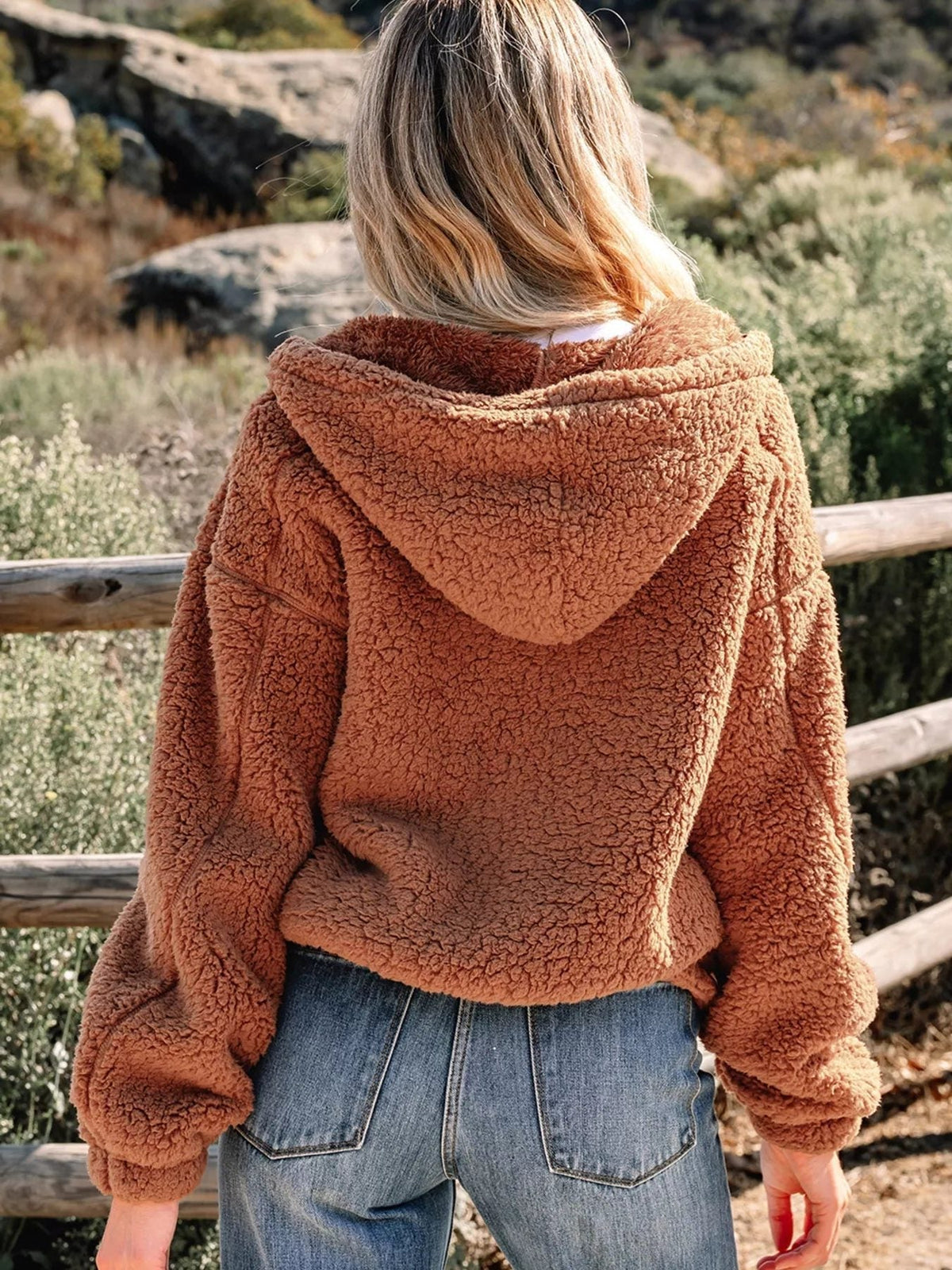 Women's Hooded Teddy Jacket - Brown, side view