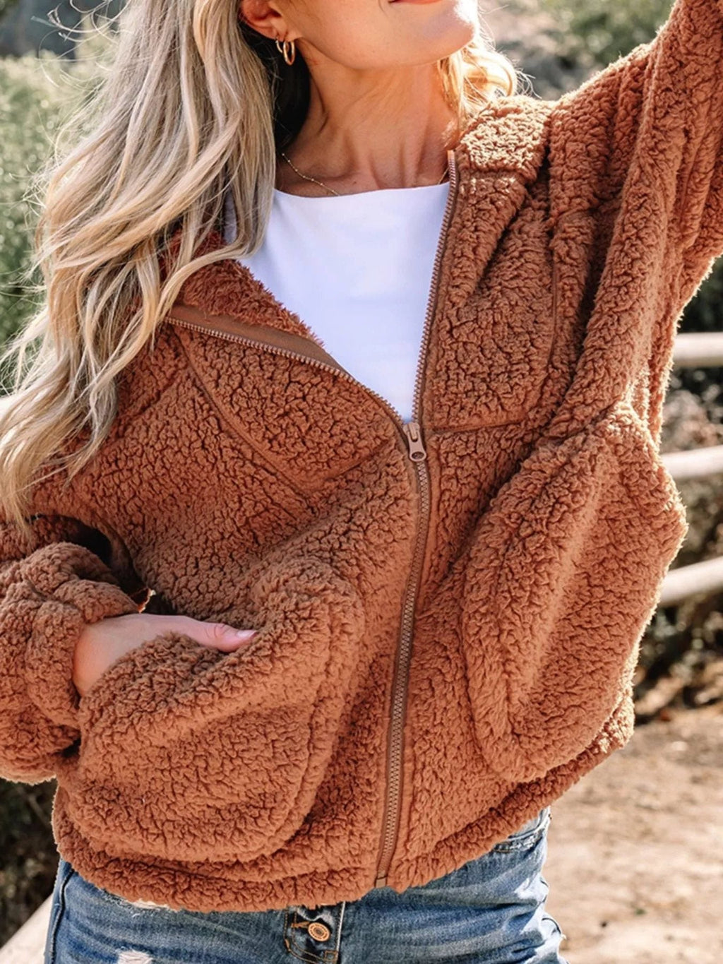 Women's Hooded Teddy Jacket - Brown, back view