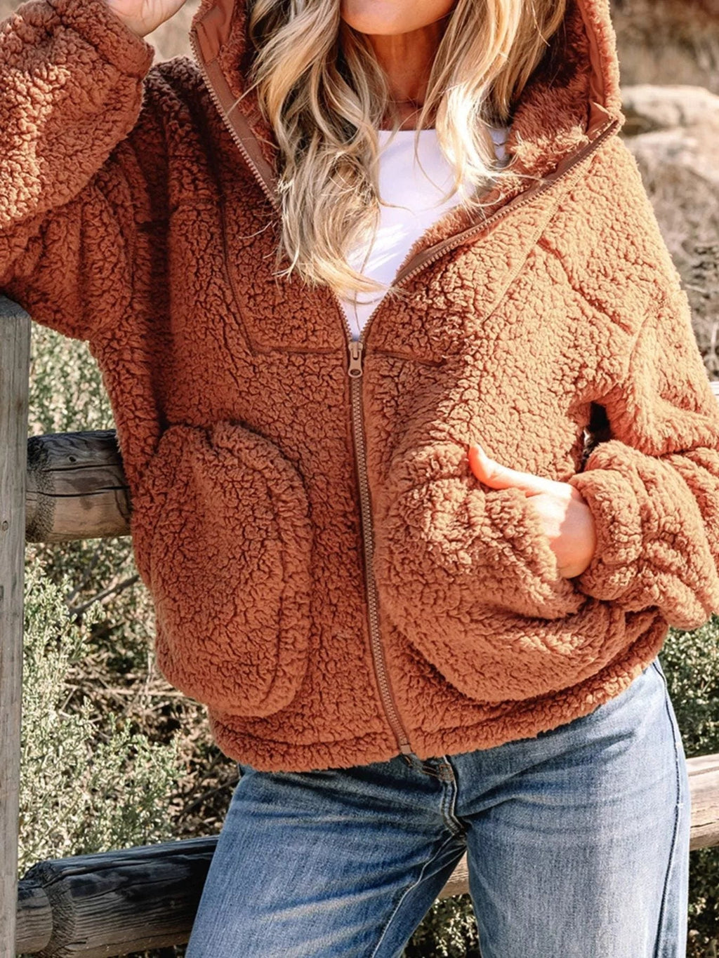 Women's Hooded Teddy Jacket - Brown, detail view
