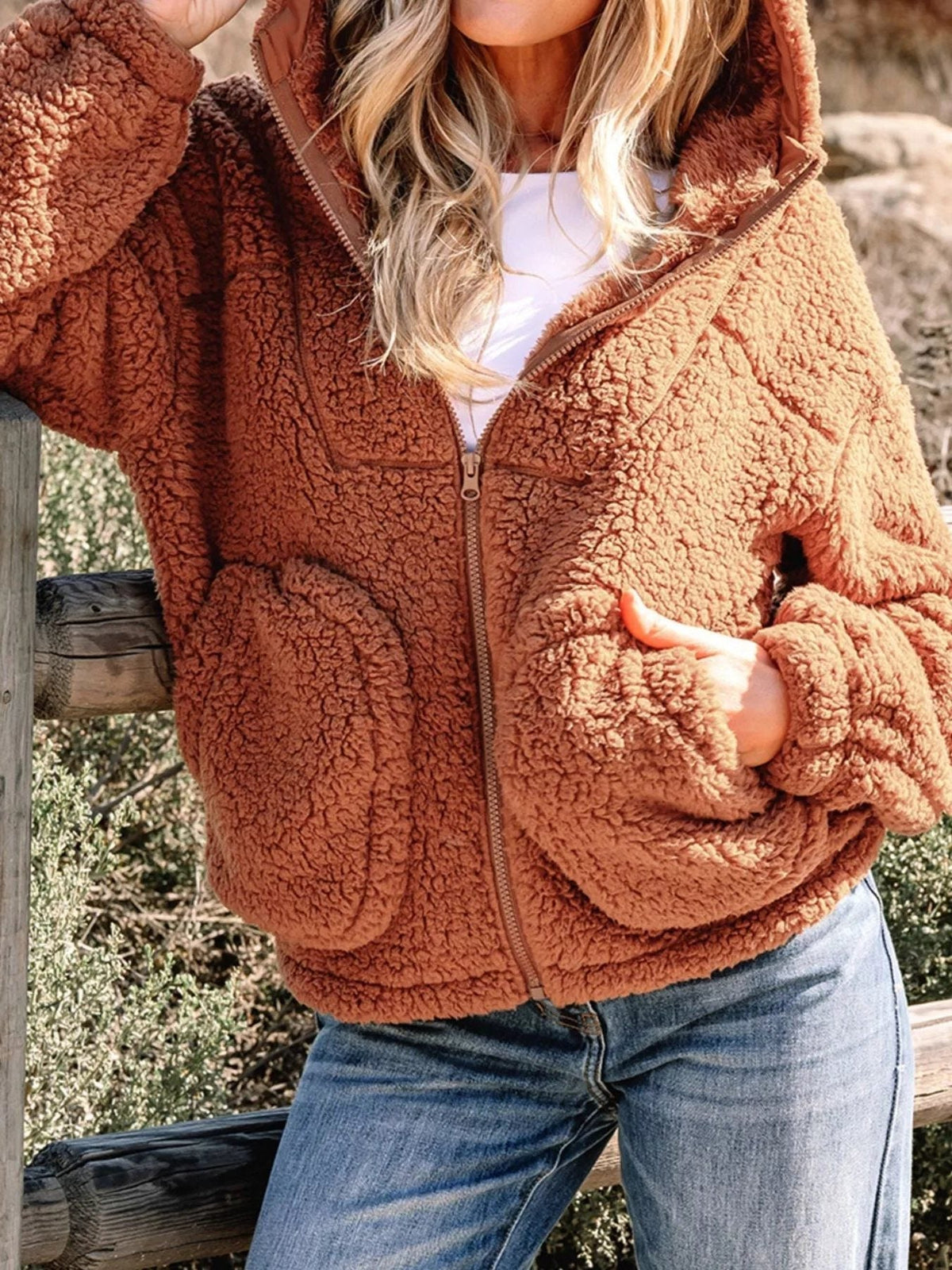 Women's Hooded Teddy Jacket - Brown, detail view
