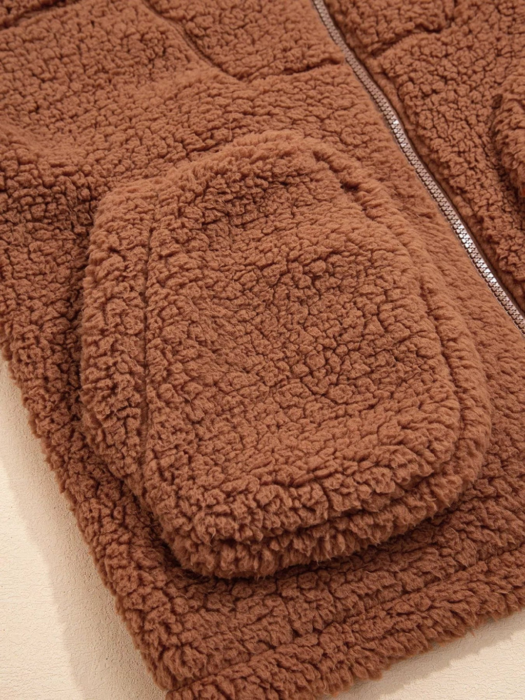 Women's Hooded Teddy Jacket - Brown, collar detail