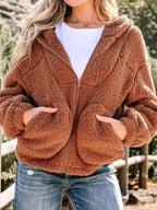 Women's Hooded Teddy Jacket - Brown, front view