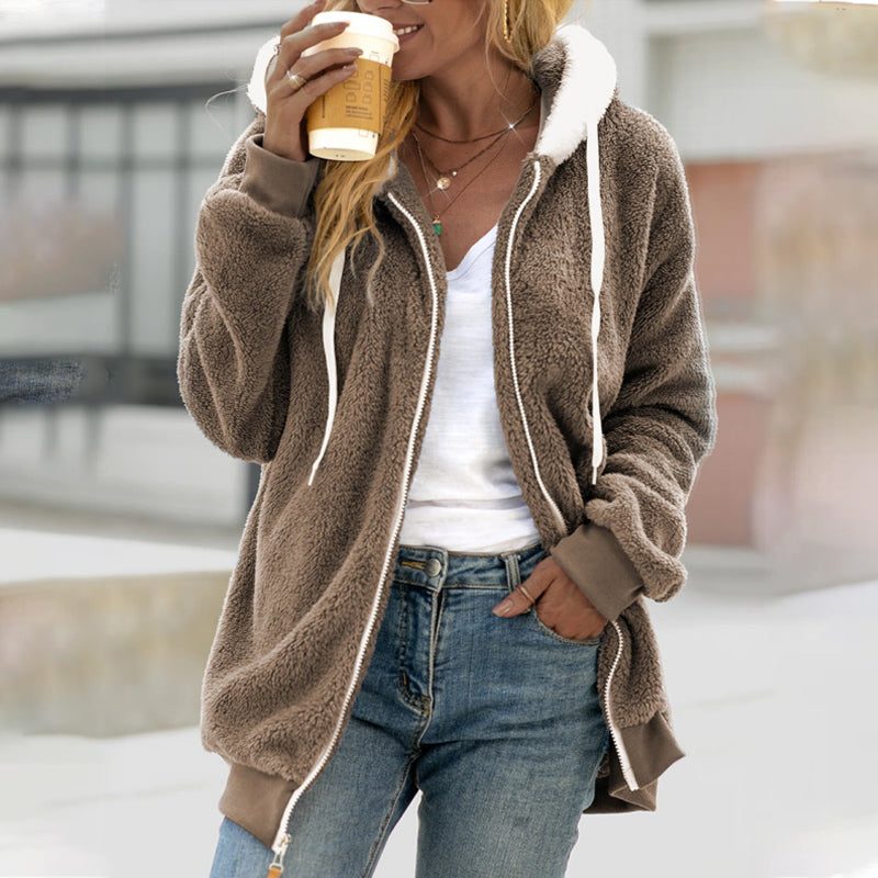Women's Oversized Sherpa Fleece Jacket - Beige, front view